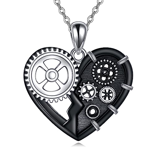 Steampunk Gear Necklace Sterling Silver Steam Punk Pendant Necklace Heart Punk Jewelry for Women Mens