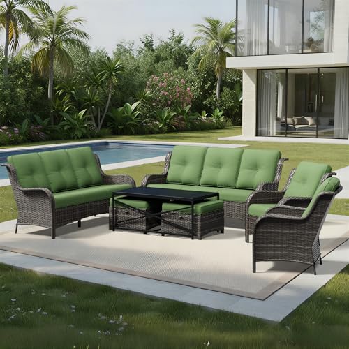 Image of Joyside 7 Piece Wicker Patio Furniture Set, Rattan Patio Chairs with High Back, Deep Seating, Wide Armrest, Thickened Cushions, Outdoor Furniture for Deck, Porch Use