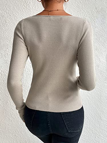 Sweatyrocks Women's Casual Long Sleeve Sweetheart Neck Ribbed Knit Top Slim Fit Pullover Sweater Beige M #TOP1