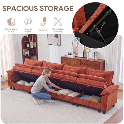 Image of IPKIG 151 inch Modular Cloud Couch with Storage, U Shaped Sectional Sofa with Ottoman & Pillow, Chenille Deep Seat Sectional Couches for Living Room, Apartment, Orange