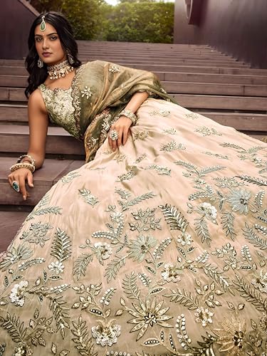 Image of Zeel Clothing Women's Dori, Sequins and Thread Embroidered Work Cosmos Silk Lehenga Choli With Dupatta (6019-Green-Women-Lehenga-Choli-Latest; Free size)