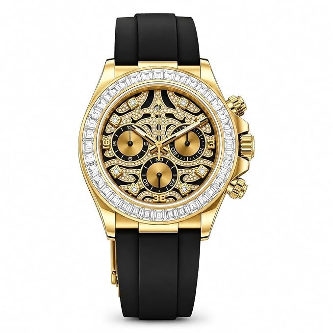Mens Gold Tone Chronograph Style Watch Crystal Accent Bezel Skeleton Dial Black Silicone Strap Luxury Fashion Wristwatch Stylish Analog Timepiece Pack of 2-image-38