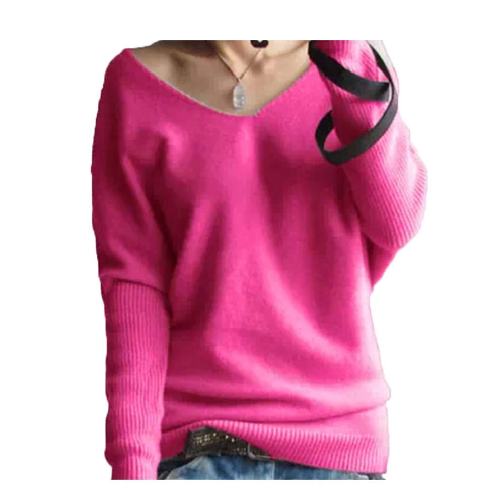 FTSUCQ Womens V Neck Pullover Long Sleeve Slim Knitted Sweater Shirt Rosered Knitwear,L