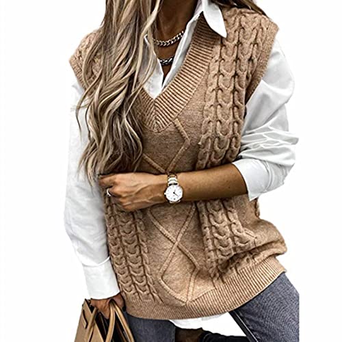 Hyipels Sweater Vest Women Cable Oversized Knitted Sleeveless V Neck Casual Sweaters Tank Top #TOP19