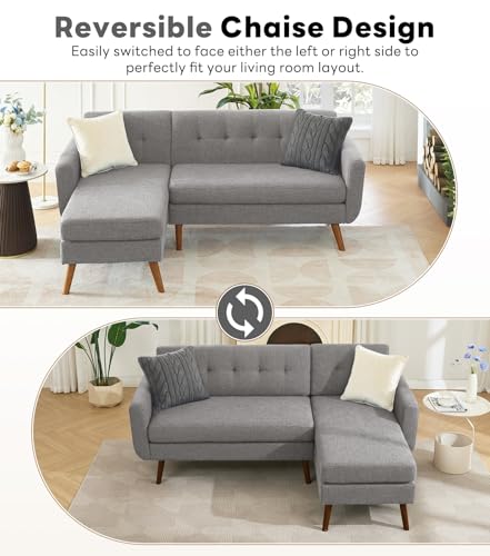 Image of Kingfun L Shaped Couch, 80 inch W Mid-Century Modern Sofa, Sectional Couches, 3 Seater Sofas with Wide Chaise Lounge, Button Tufted Upholstered Sectional Sofa for Living Room, Bedroom, Gray
