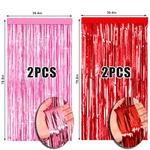 Image of 4 Packs Pink and Red Foil Fringe Curtain, Pink Red Metallic Tinsel Backdrop for Birthday, Baby Shower, Princess Bachelorette Party, Valentines Party Decorations Supplies