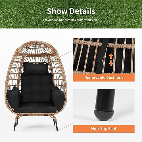 Image of PayLessHere Egg Chair Egg Basket Rattan Chair Steel Frame Oversized Indoor Outdoor Lounger Simple Installation with 4 Comfort Cushion and Stand,352lb Capacity for Patio Garden Living Room,Black