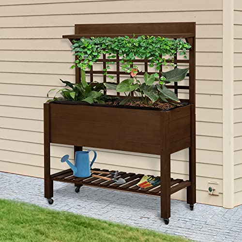 Outsunny 41" Raised Garden Bed With Trellis On Wheels, Wooden Elevated Planter Box With Legs And Bed Liner, For Flowers, Herbs & Vegetables, Dark Brown #TOP1