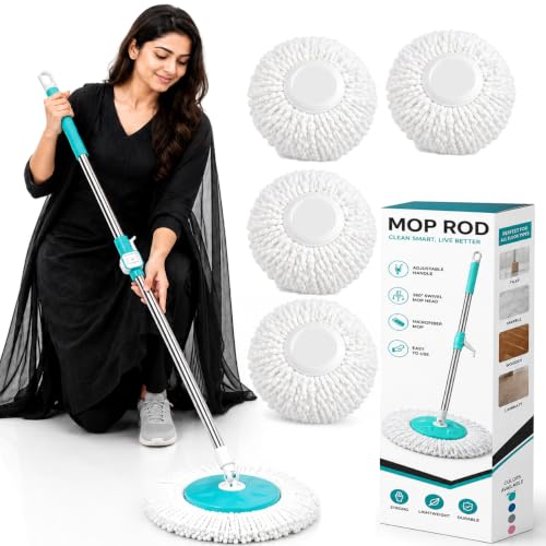 Image of Big Heavy Aqua Green Heavy Duty Spin Mop Stick Rod | Adjustable Stainless Steel Replacement Mop Handle for Home Floor Cleaning (4 Head) (5 Year Warranty)