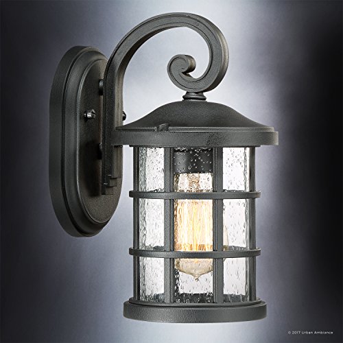 Image of Urban Ambiance Luxury Craftsman Outdoor Wall Light, Small Size: 11 inch H x 6 inch W, with English Tudor Style Elements, Wrought Iron Design, Natural Black Finish and Seeded Glass, UQL1040