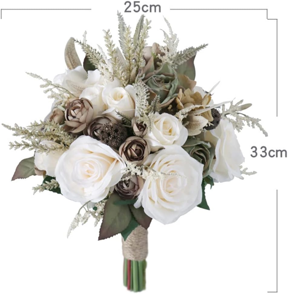 Bridal Wedding Bouquet, Artificial Silk Bride Bridesmaid Vintage European Rustic Style Satin Silk Roses Wedding Fake Flower for Home Party Prom Wedding Decorations (Cream)