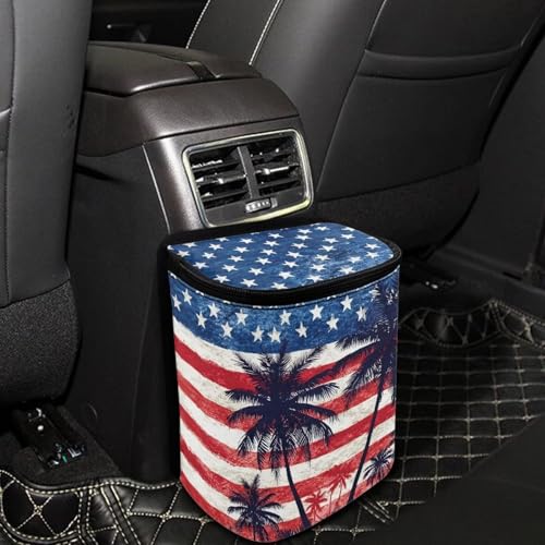 Image of Talayituse American Flag Palm Tree Print Car Trash Can Portable Auto Garbage Bin Multifunctional Vehicle Interior Accessories with Adjustable Straps 4th of July Decor Universal Fit Truck SUV Sedan