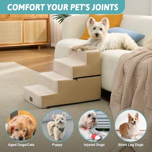 Image of COZY KISS Dog Stairs for Small Dogs, 4 Step Pet Stairs for Beds & Couches | 17.7 inch H Wider Non-Slip Dog Steps with Removable Tiers & Support Board for Puppies, Older Cats & Dogs, Beige