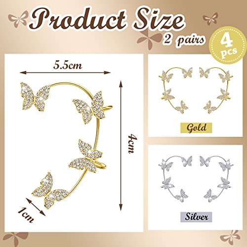Bonuci 4 Pcs Butterfly Ear Cuff Earrings Glitter Rhinestone for Women Wrap Crawler No Piercing Butterfly Clip Wrap Around Fake Earrings (Gold, Silver, regular Style)2