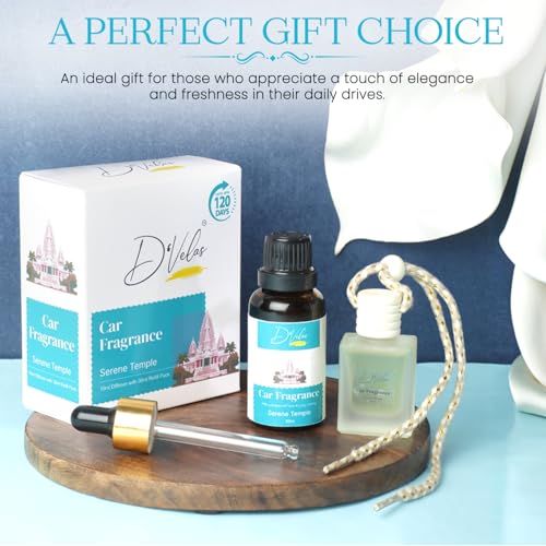 Image of D'Velas 40ml Car Freshener Diffuser Set - Long-Lasting Upto 120 Days | Serene Temple | No Paraben | 10ml Wooden Lid Bottle with 30ml Refill | Perfume Diffuser | Odor Eliminator for Car Interior
