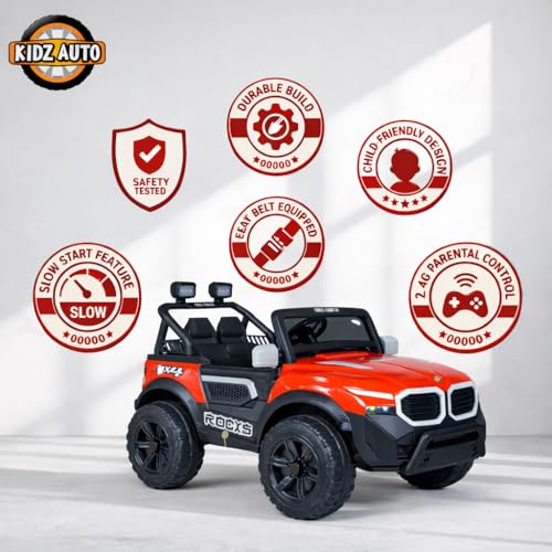 Image of KAB J 777 Rechargeable Battery Operated Jeep for Kids |POBO-2026 |Electric Ride-On Toy with LED Lights,Music,RGB Windshield,Steering Function & Dual Control (Red)
