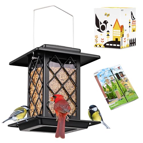 iBorn Bird Feeders for Outdoors, Metal Bird Feeder, Wild Bird Feeders for Cardinal, 2.4LBS Capacity,18cm Large Roof, Lantern Style, Black