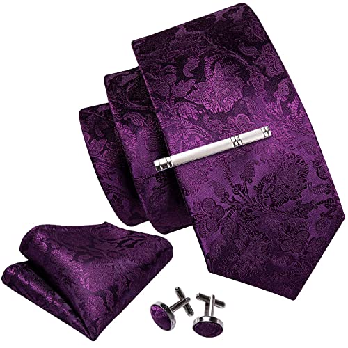 Barry.Wang Cravates d'affaires en soie avec mouchoir de poche et boutons de manchette, ensemble de cravates et accessoires pour mariage festif, violet foncé, taille unique