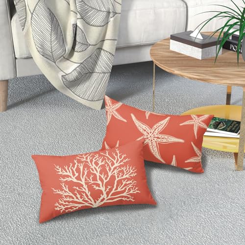 Image of Summer Sea Starfish Pillow Cover 12x20 Inch Set of 2 Beach Pink Coral Lumbar Throw Pillowcase Cotton Linen Square Decorative Nautical Coastal Themed Cushion Cover for Sofa Bedroom Indoor Outdoor Party