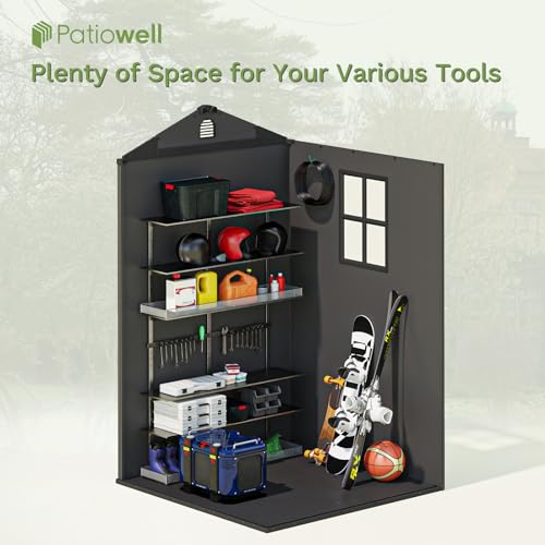 Image of Patiowell 4 x 4 FT Plastic Outdoor Storage Shed with Floor, Garden Tool Resin Shed with Two Windows and Lockable Door for Garden, Backyard, Lawn, Easy to Install, Dark Grey
