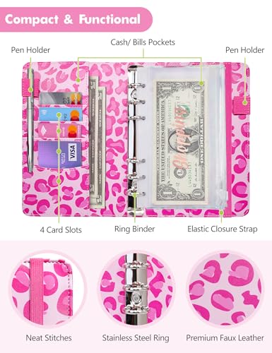 Image of A6 Budget Binder for Money Saving, PU Leather Budget Planner with 8 Cash Envelopes, Budget Sheets & Rose Gold Category Stickers, Money Organizer for Cash (Pink Leopard)