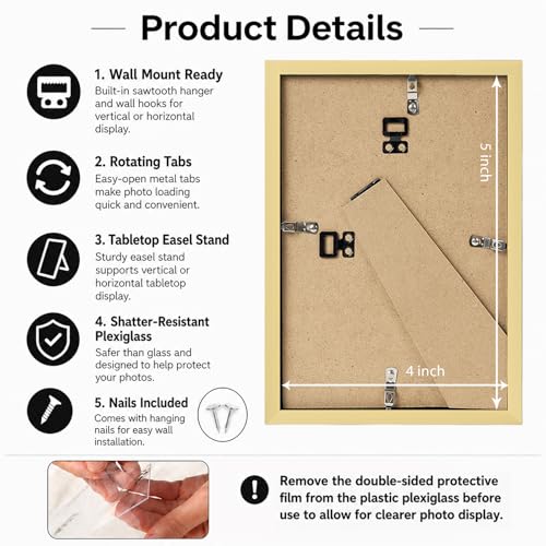Image of JCJMY 4x5 Picture Frame Gold for Wall Hanging or Tabletop, Wall Mounting Horizontally or Vertically, 4 x 5 Wall Gallery Poster Photo Frame with Shatter Resistant Plexiglass, Gold
