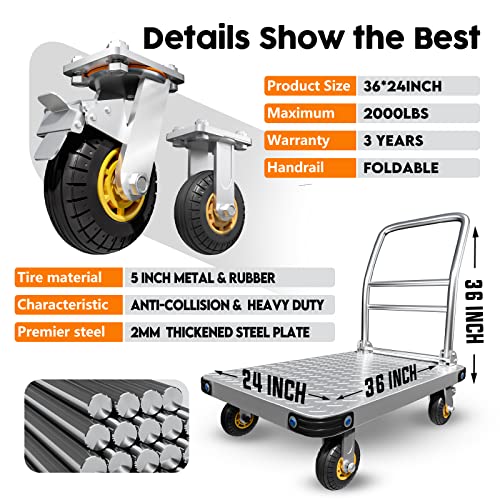 Heavy Duty Platform Truck Flat Cart Hand Trucks,2000Lbs Steel Push Cart Dolly With Brake Design, 36 X 24In Large Flatbed With 5'' 360 Degree Swivel Wheels For Easy Storage #TOP2