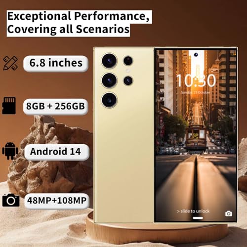 Image of C24 Ultra Unlocked Phone, 8GB+256GB Large Storage Smart Phone, Android 14 Cell Phone, 6800 mAh Battery Unlockedphone, 6.8-inch /5G Dual SIM [Works with T-Mobile, AT&T, Verizon] Golden