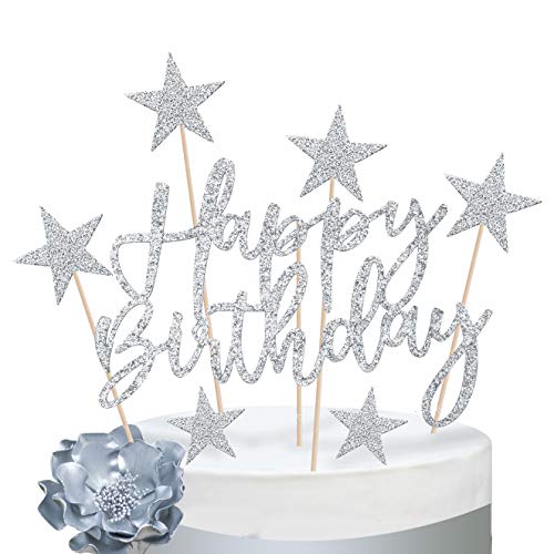 iZoeL 2 Kit Decoration Gateau Anniversaire Argent Fille, Décoration Ballon Gateau Femme Argent, Decor Gateau Happy Birthday Coeurs Étoiles pour Fête...