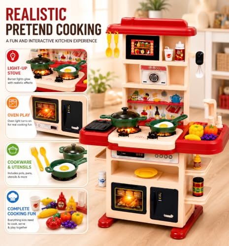 Image of Kids Kitchen Set for Girls & Boys, 43 Pcs Pretend Play Kitchen Set with Working Sink, Light & Sound Stove, Cookware, Fruits & Vegetables, Role Play Toy for Kids Age 3+