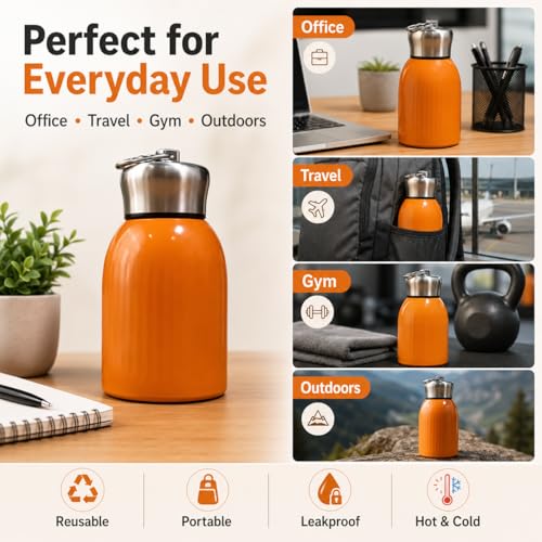 Image of Mini Stainless Steel Vacuum Insulated Water Bottle, 300ml, Black, Leakproof, Hot and Cold, with Keyring Cap (Orange)