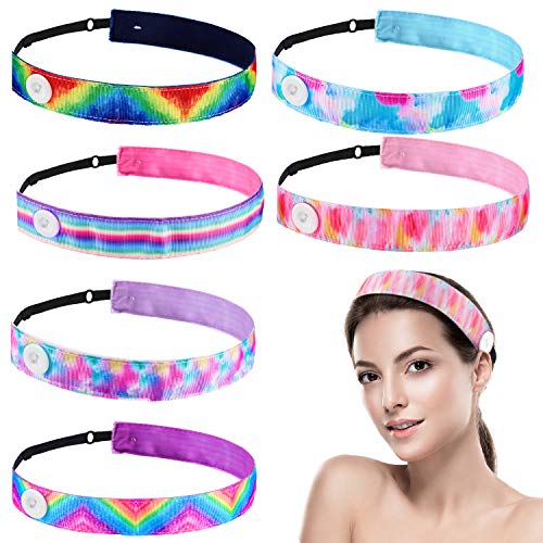 6 Pieces Button Headbands Tie Dye Headband with Buttons Nonslip Elastic Rainbow Hairband Stretchy Adjustable Sports Headband Headwrap for Women Girls