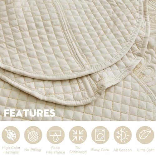 Image of Oversized King Bedspread, Stitched Paisley Quilt Set King /Cal King, Lightweight Reversible Coverlet, Scalloped Edge - Warm Elegant Classic Look, 5 Piece, Ivory Yellow
