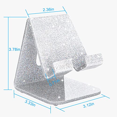 Image of Crpich Acrylic Cell Phone Stand, Portable Phone Holder, Phone Stand for Desk, Compatible with Phone16 15 14 13 12 Pro Max Mini 11 Xr Plus SE, Switch, Android Smartphone, Pad, Tablet, Glitter Silver