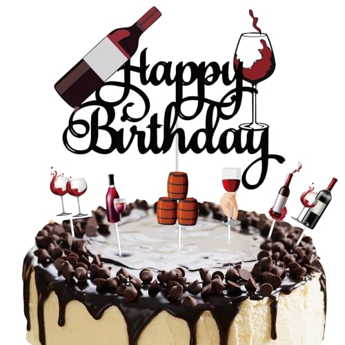 Winpogee 7Pcs Red Wine Happy Birthday Cake Topper Sets Black Glitter Beers Wine Glass Cake Decorations Set Celebrating Cheers To 21 30 40 50 60 Years Theme Birthday Party Supplies Set For Men Women thumb #4