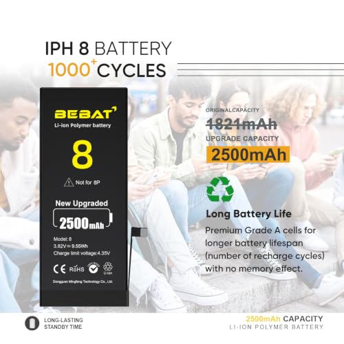 Image of Replacement for iPhone 8 Battery, 2500mAh High Capacity Li-ion Polymer Replacement Battery for Model A1863 A1905 A1906 with Professional Repair Tool Kits