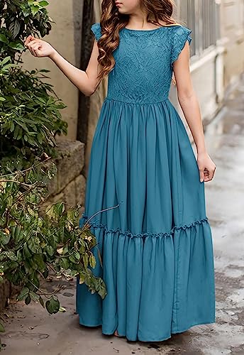 Image of MITILLY Girls Lace Flower Wedding Guest Long Maxi Dress for 6-12 Years | Girls Boho Dress, Girls' Special Occasion Dresses, Wedding Party, Size 6-12 Years, Ruffle Sleeve, A Line, With Pockets