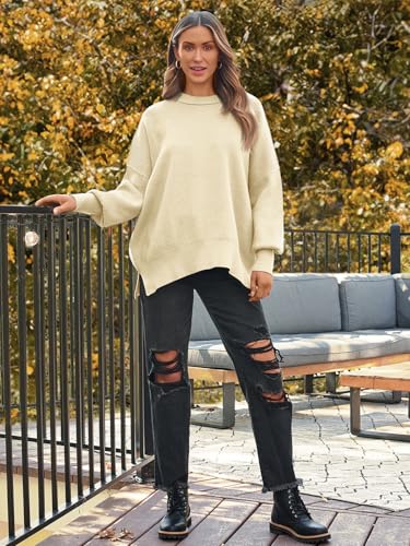 Image of LILLUSORY Women's Oversized Batwing Sweaters 2026 Fall Outfits Trendy Crewneck Knit Side Slit Fashion Pullover Tops