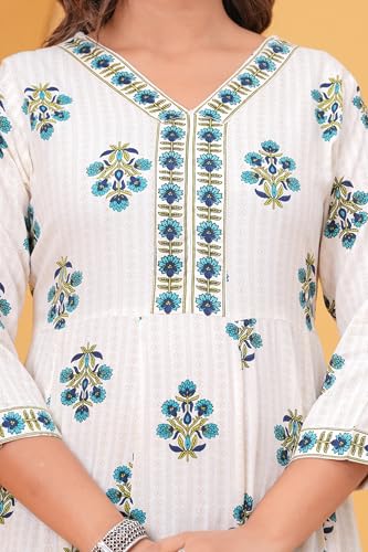 Image of Women's Indigo Blue Printed Anarkali Kurta with Palazzo Set, Long Sleeve V-Neck Ethnic Wear (IN, Alpha, L, Regular, White)