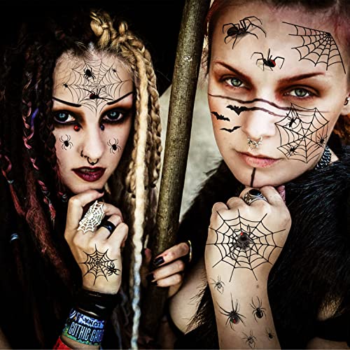 COKTAK 8 Sheets Large 3D Spider Web Temporary Tattoos Halloween Makeup Kit For Women Adults Realistic Witch Bat Zombie Fake Face Tattoos Sticker For Kids Men Adults Scary Halloween Decals Spiderweb - Image 4