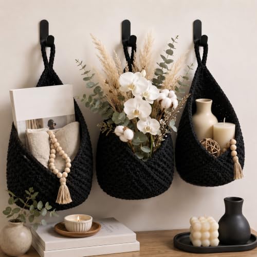 Image of Honeydak 3 Hanging Baskets, Black, Triangle, Cotton Rope