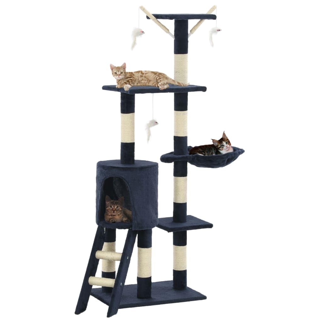 Katzen-Kratzbaum 138 cm Dunkelblau mit Sisal-Säulen | Stabiler Kletterbaum fürs Wohnzimmer mitAussichtsplattform, kuscheligem Unterschlupf und 3 Spielmäusen.
