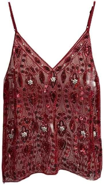 Women V Neck Sequin Tamk Top See Through Strape Camisole Beaded Top Going Out Party Outfits
