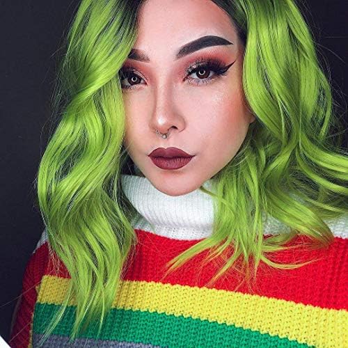 Green Lace Front Wig Synthetic Dark Roots Ombre Short Curly Wavy Bob Lace Front Wigs