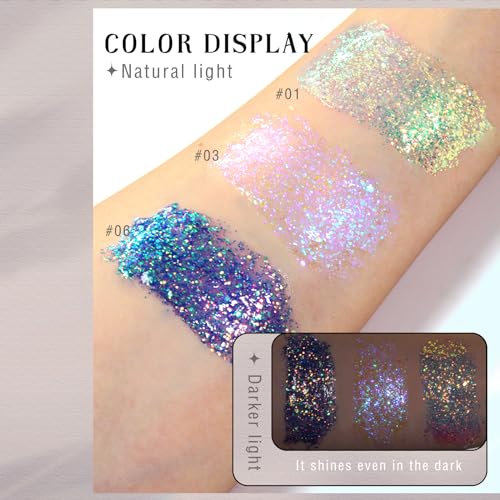 Body Glitter Gel,Holographic Face Glitter for Woman White Shimmer Chameleon Mermaid Chunky Sequins Color Changing Glitter Gel Sparkling Festival Party Accessories Hair Eyes Lips Makeup-Gold - Image 5
