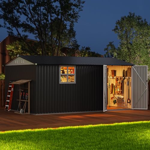 Image of AirWire 14x10 FT Outdoor Metal Storage Shed with Window, Heavy-Duty Galvanized Steel Tool Shed with Lockable Doors, Waterproof Garden Shed for Backyard, Patio, Lawn, Black