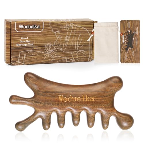 Woduelka 6-in-1 Gua Sha Tool for Face & Body – Green Sandalwood Massage Comb, Lymphatic Drainage, Wooden Scalp Massager, Jaw Lifting & Nose Sculpting, Head Massage Comb, Valentines Day Gift for Her