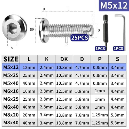 TXXATX 25 Stück M5 Schrauben Flachkopfschrauben M5x12mm Edelstahl Linsenkopfschrauben Innensechskant Vollgewinde mit Schraubenschlüssel Schraubendreher Bit Maschinenschrauben für Montage Wartung
