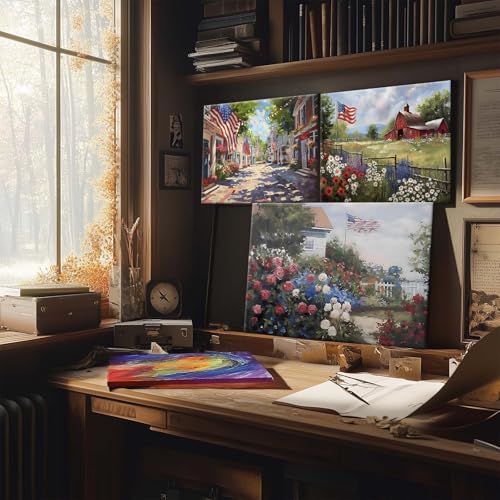 Image of Memorial Day Barn Canvas Wall Art, Rustic American Flag and Wildflower Farmhouse Print, Patriotic Country Barn Poster Framed Artwork for USA 4th of July and Living Room, Office Decor 24x30inch