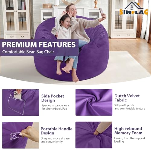 3FT Bean Bag Chair, Comfy Bean Bag Chairs with Memory Foam Filled, Fluffy Beanbag Sofa with Dutch Velvet Cover, Round BeanBag Chairs for Living Room, Playroom - Purple